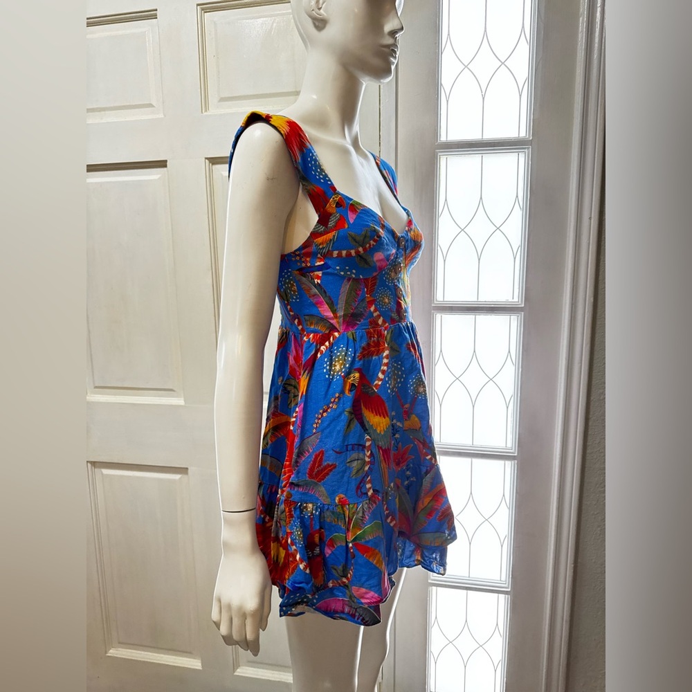 FARM RIO 100%Cotton Macaw Tropical Blue Floral Party Mini Dress Size XS - Picture 3 of 14
